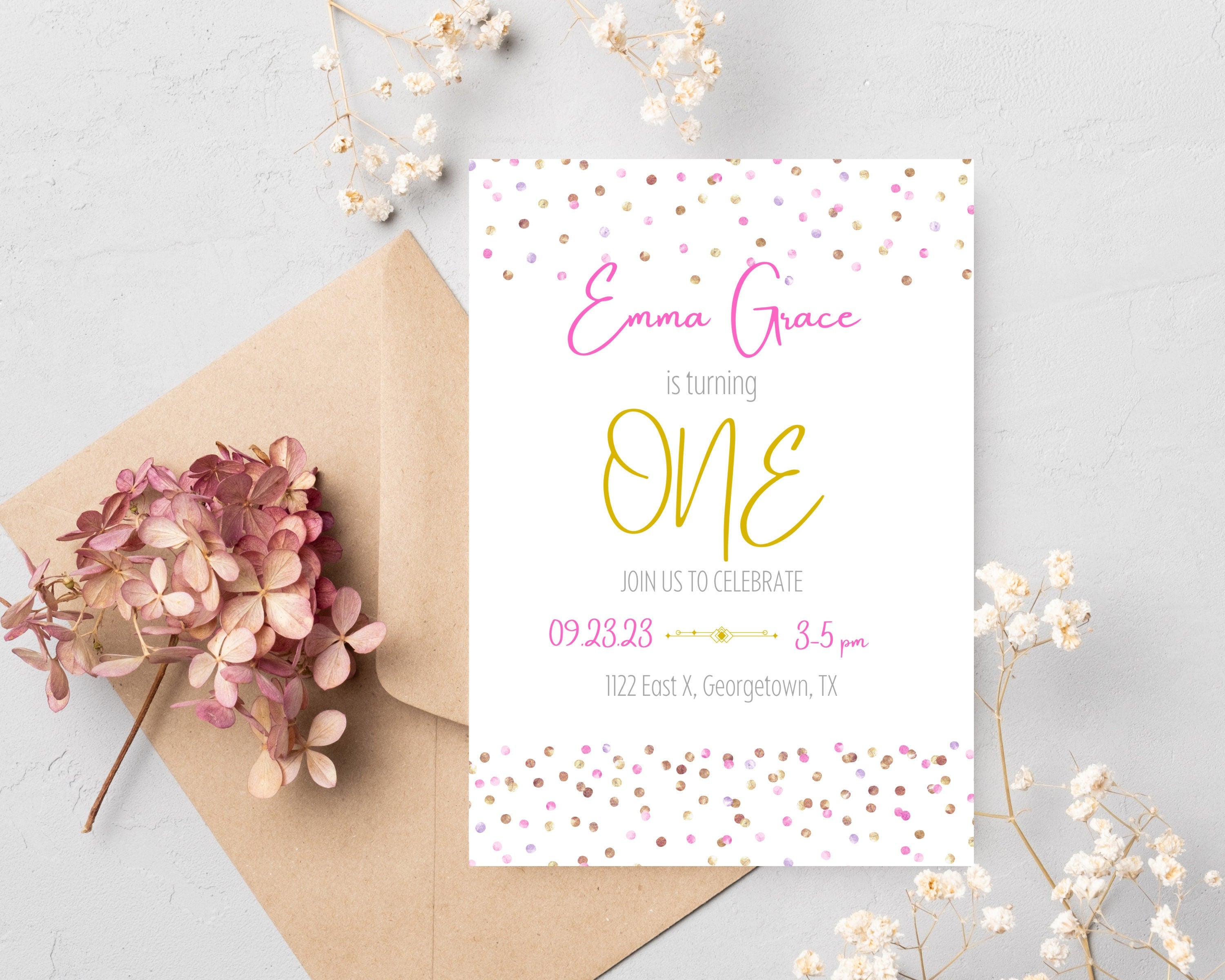 Einladung zum Geburtstag in Pink & Gold, bearbeitbarer digitaler Download