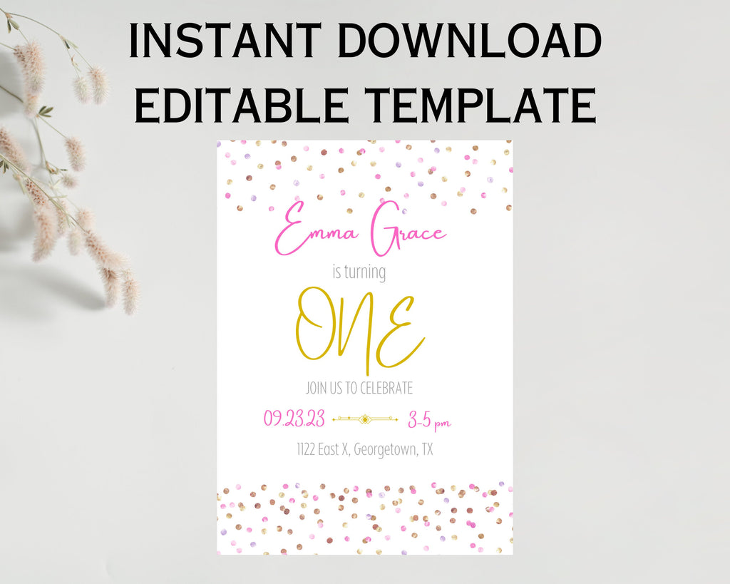 Einladung zum Geburtstag in Pink & Gold, bearbeitbarer digitaler Download