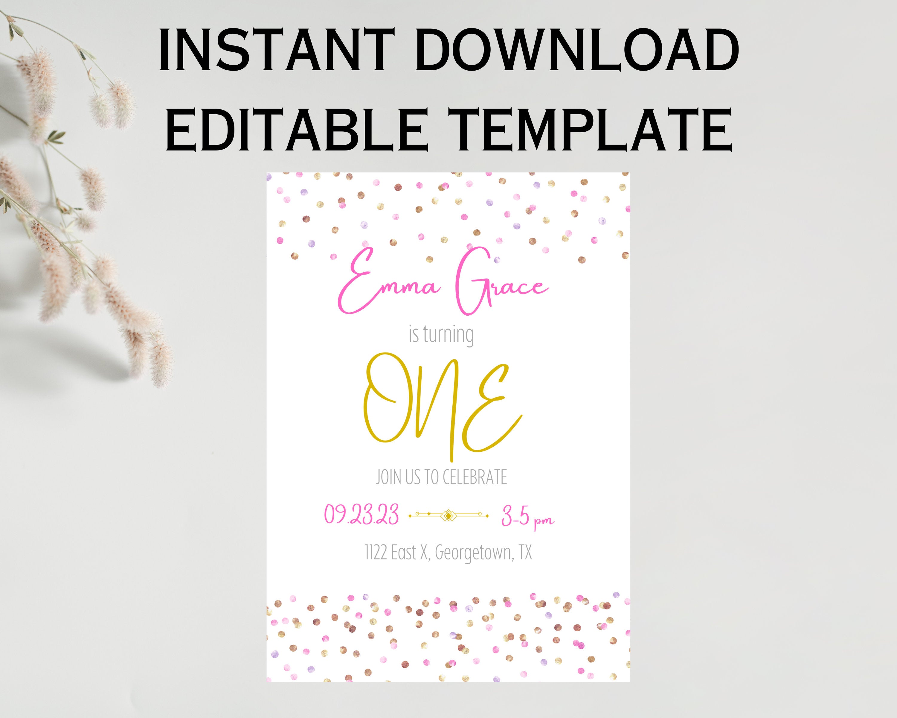 Einladung zum Geburtstag in Pink & Gold, bearbeitbarer digitaler Download