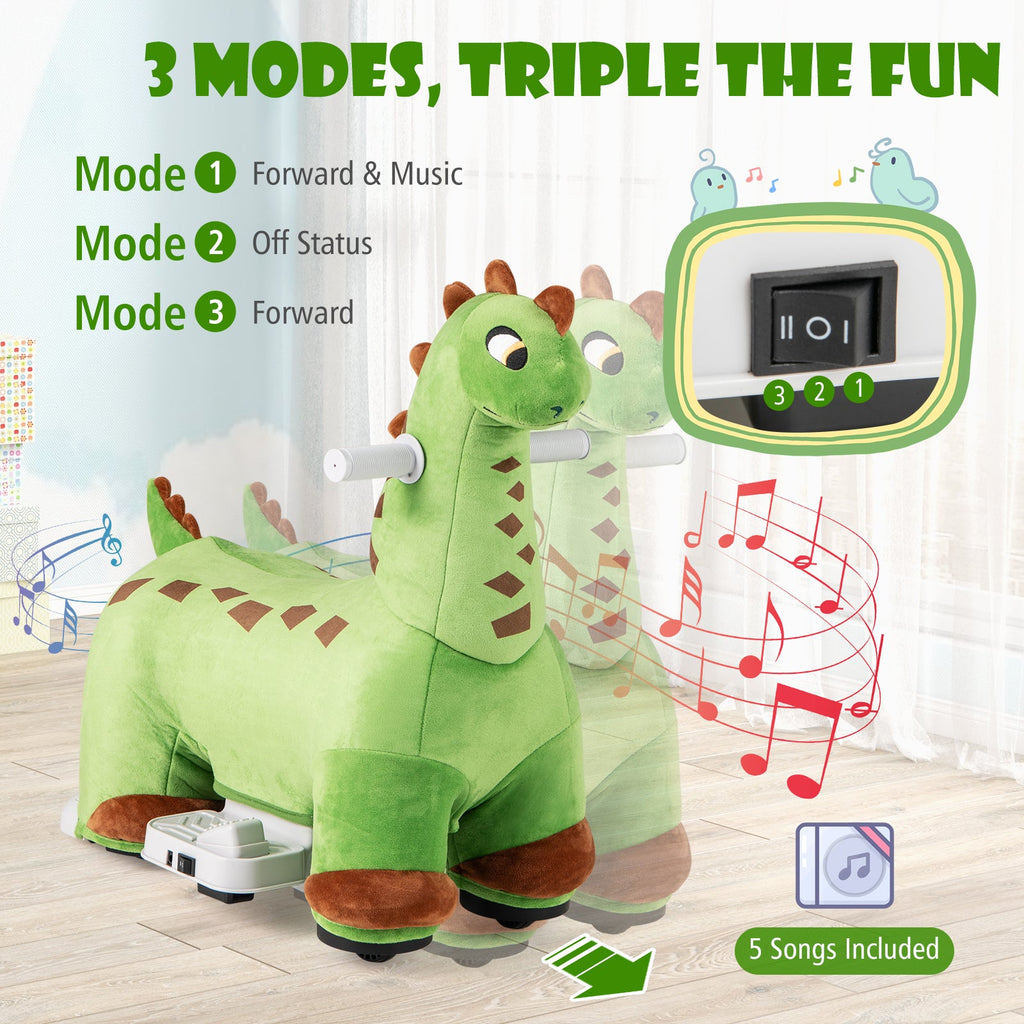 6V Kinder-Dinosaurier-Aufsitzfahrzeug mit Fußpedal, gepolstertem Sitz und Musik – Grün