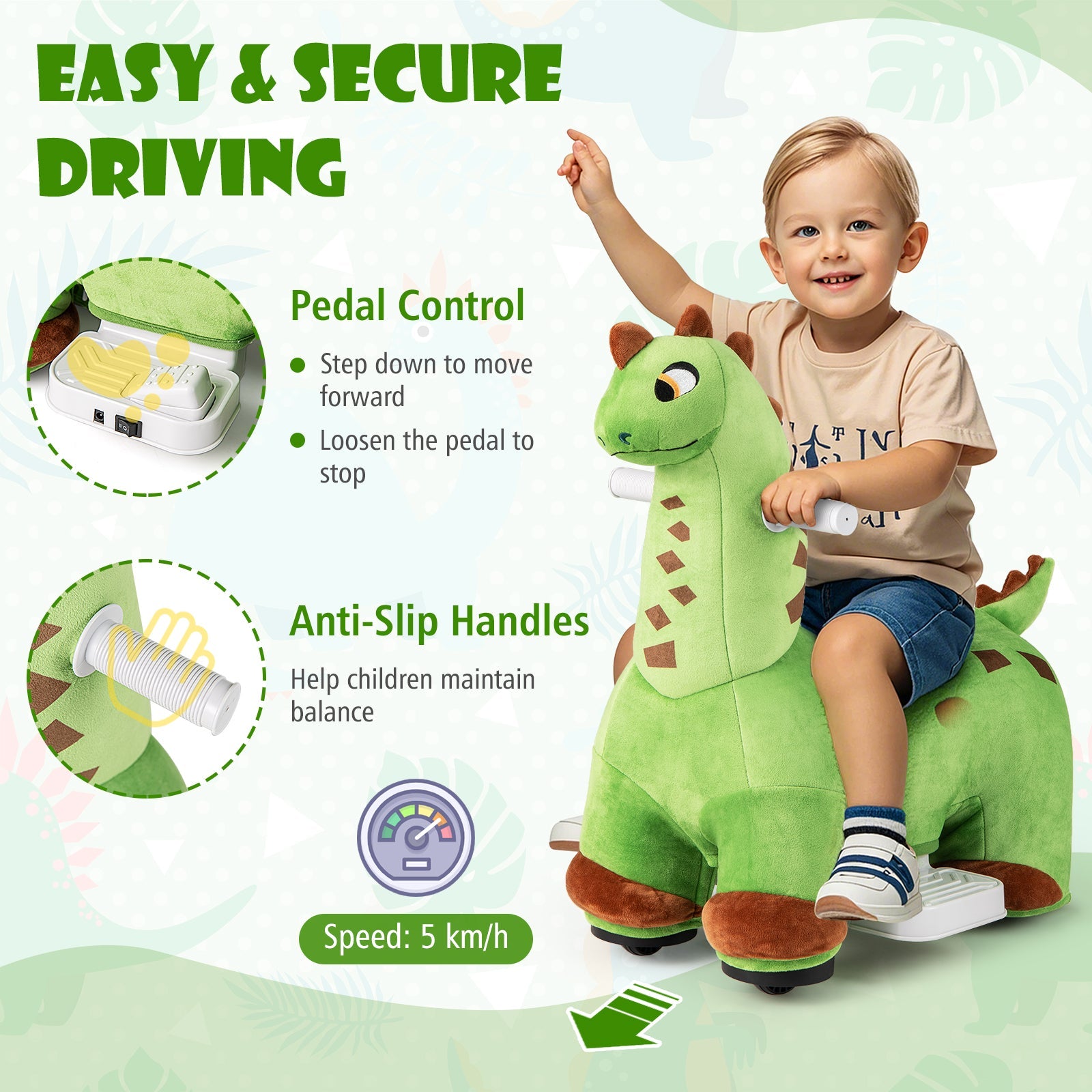 6V Kinder-Dinosaurier-Aufsitzfahrzeug mit Fußpedal, gepolstertem Sitz und Musik – Grün