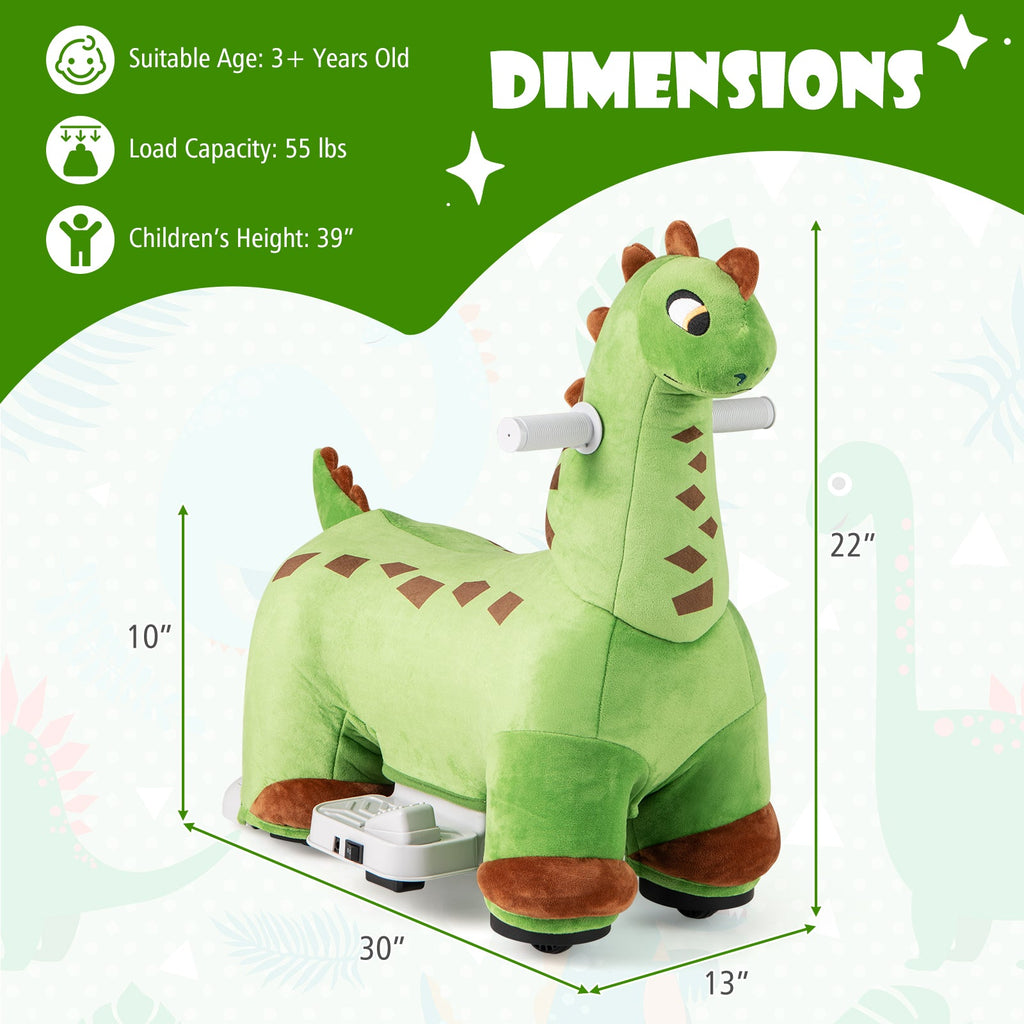 6V Kinder-Dinosaurier-Aufsitzfahrzeug mit Fußpedal, gepolstertem Sitz und Musik – Grün