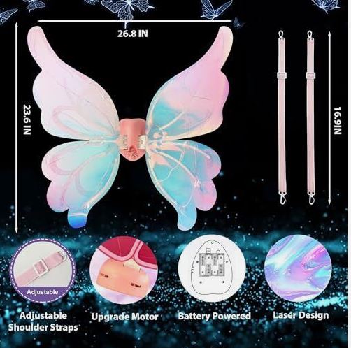 LED Bewegliche Schmetterlings-Engelsflügel Elektrisches Leuchten Mädchen Kostüm Batteriebetrieben