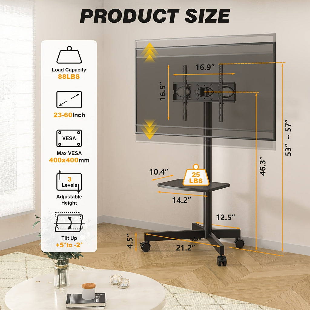 Mobiles TV-Wagenstativ 23-60 Zoll Rollender TV-Ständer mit Ablage VESA 400x400 88lbs