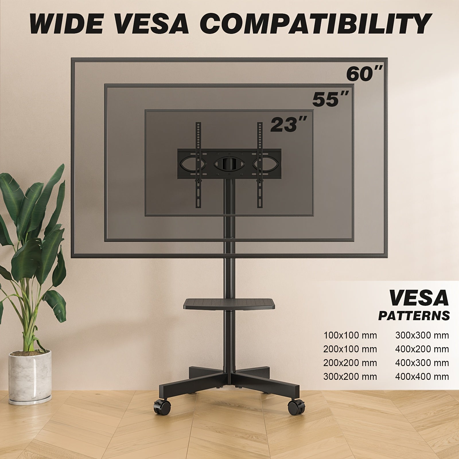 Mobiles TV-Wagenstativ 23-60 Zoll Rollender TV-Ständer mit Ablage VESA 400x400 88lbs