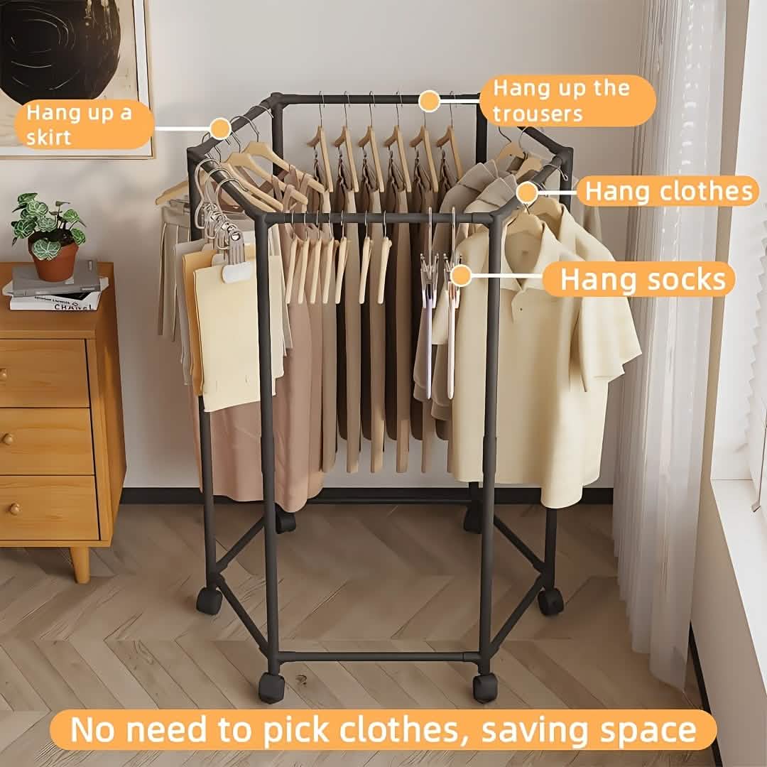 360° Rotating Freestanding Clothing Rack – Hexagonal Carbon Steel Organizer with Wheels