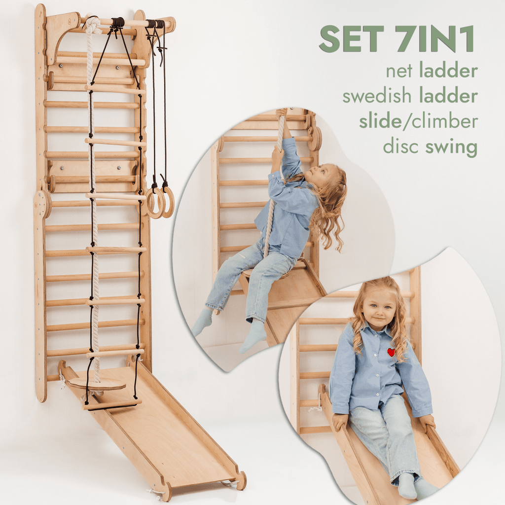 Schwedische Sprossenwand aus Holz / Kletterleiter für Kinder + Schaukel + Rutsche + Kunst-Zubehör