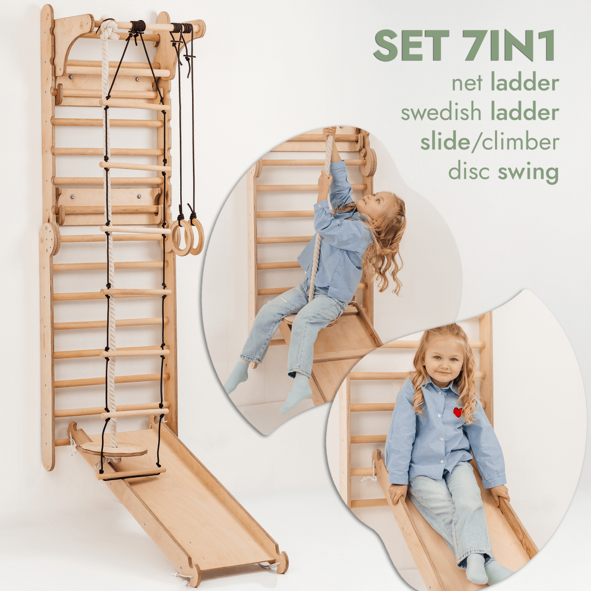 Schwedische Sprossenwand aus Holz / Kletterleiter für Kinder + Schaukel + Rutsche + Kunst-Zubehör