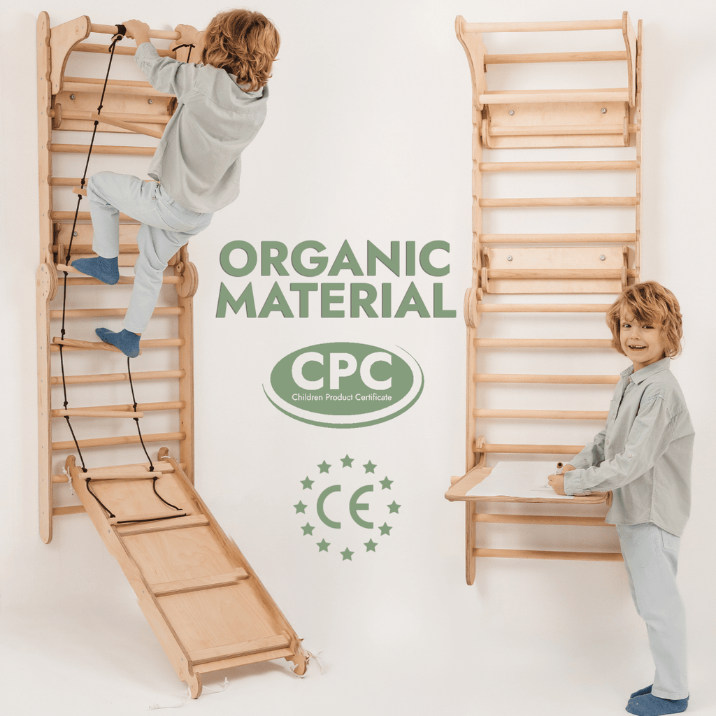 Schwedische Sprossenwand aus Holz / Kletterleiter für Kinder + Schaukel + Rutsche + Kunst-Zubehör