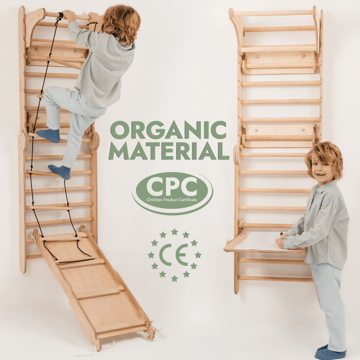 Schwedische Sprossenwand aus Holz / Kletterleiter für Kinder + Schaukel + Rutsche + Kunst-Zubehör