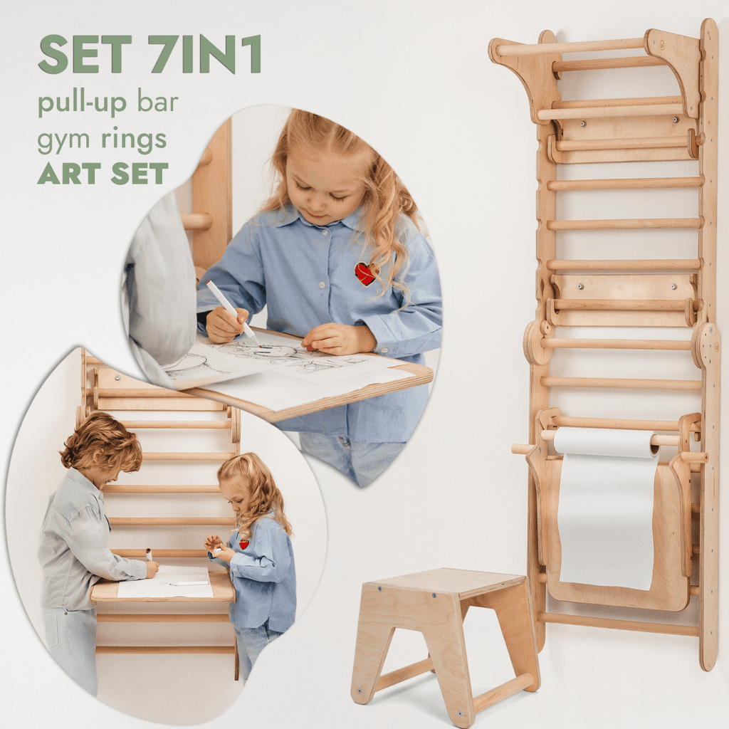 Schwedische Sprossenwand aus Holz / Kletterleiter für Kinder + Schaukel + Rutsche + Kunst-Zubehör