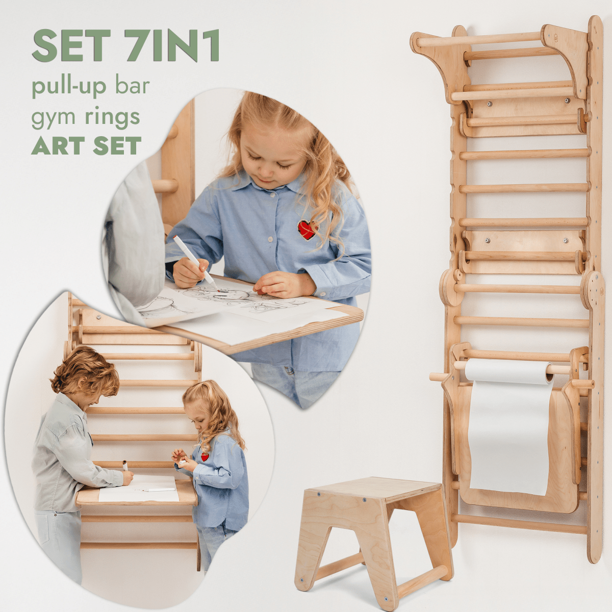 Schwedische Sprossenwand aus Holz / Kletterleiter für Kinder + Schaukel + Rutsche + Kunst-Zubehör