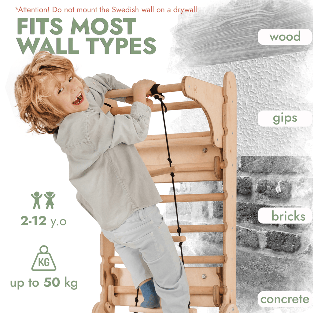 Schwedische Sprossenwand aus Holz / Kletterleiter für Kinder + Schaukel + Rutsche + Kunst-Zubehör