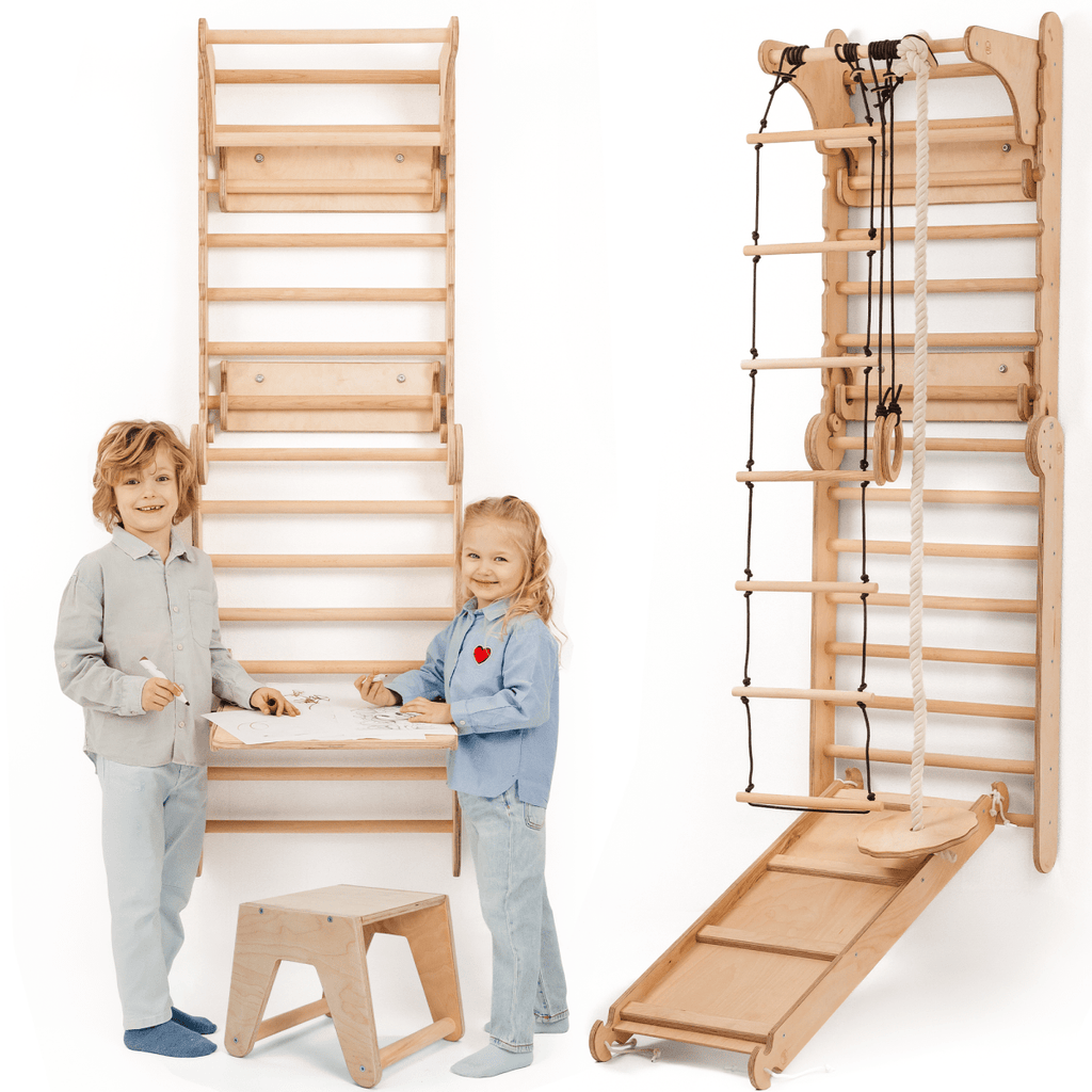 Schwedische Sprossenwand aus Holz / Kletterleiter für Kinder + Schaukel + Rutsche + Kunst-Zubehör