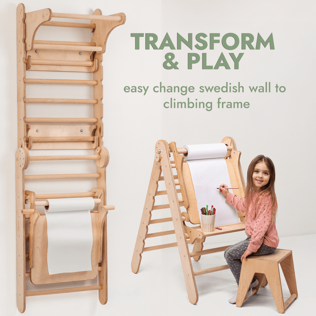 Schwedische Sprossenwand aus Holz / Kletterleiter für Kinder + Schaukel + Rutsche + Kunst-Zubehör